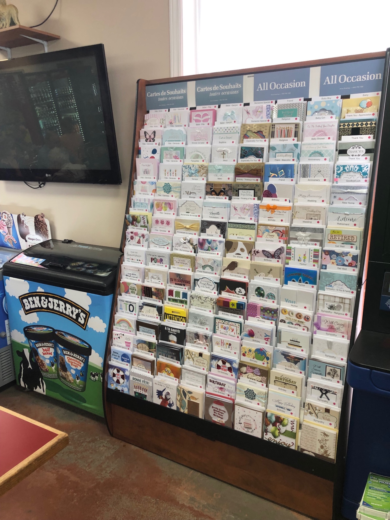 Greeting cards and Ben & Jerry's freezer